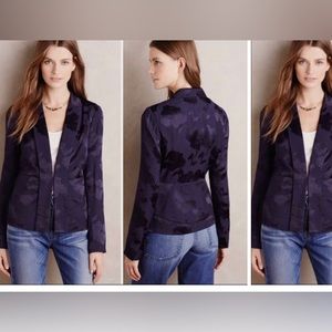 Elevenses (Anthropologie) Navy Blue Floral Satin Soft Brocade Blazer Womens 0